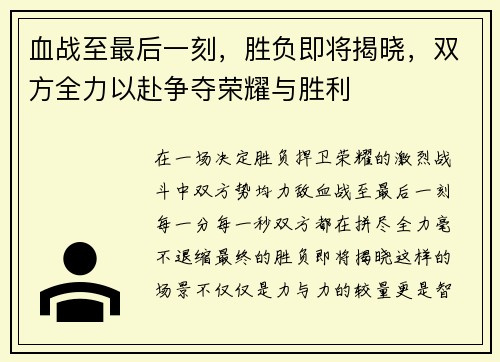 血战至最后一刻，胜负即将揭晓，双方全力以赴争夺荣耀与胜利